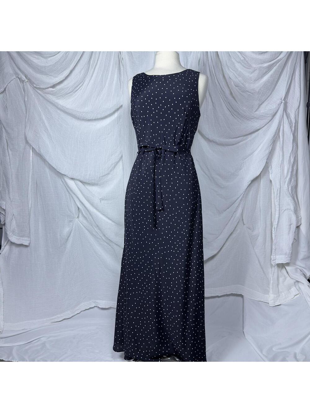 Vintage 90s Preppy Boho Polka Dot Navy Maxi Dress (12)